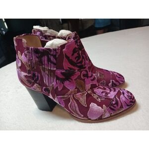 Billy Ella Ankle Boots Size 7 Purple Floral Velvet Block Heel Chelsea Booties